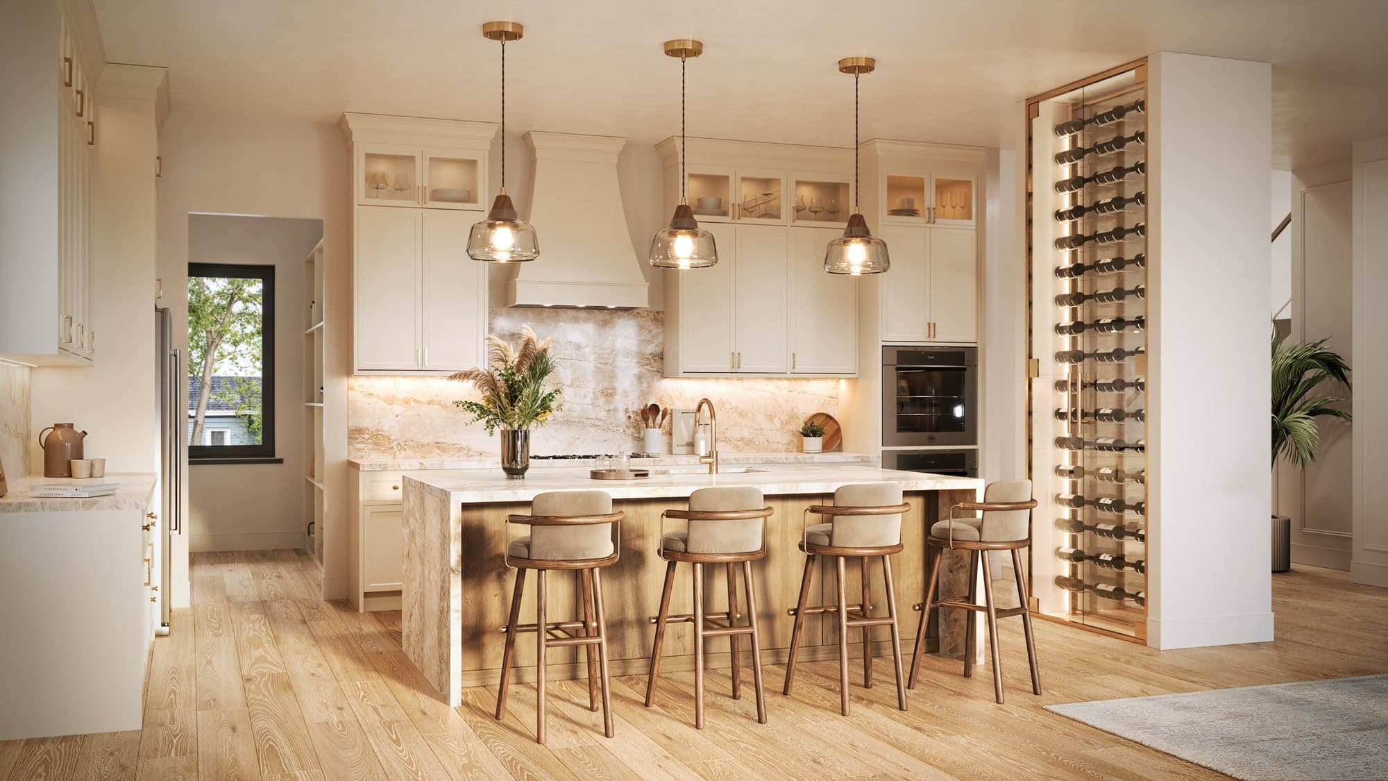 Aspire kitchen rendering — natural stone island, white oak, glass wine wall, layered lighting