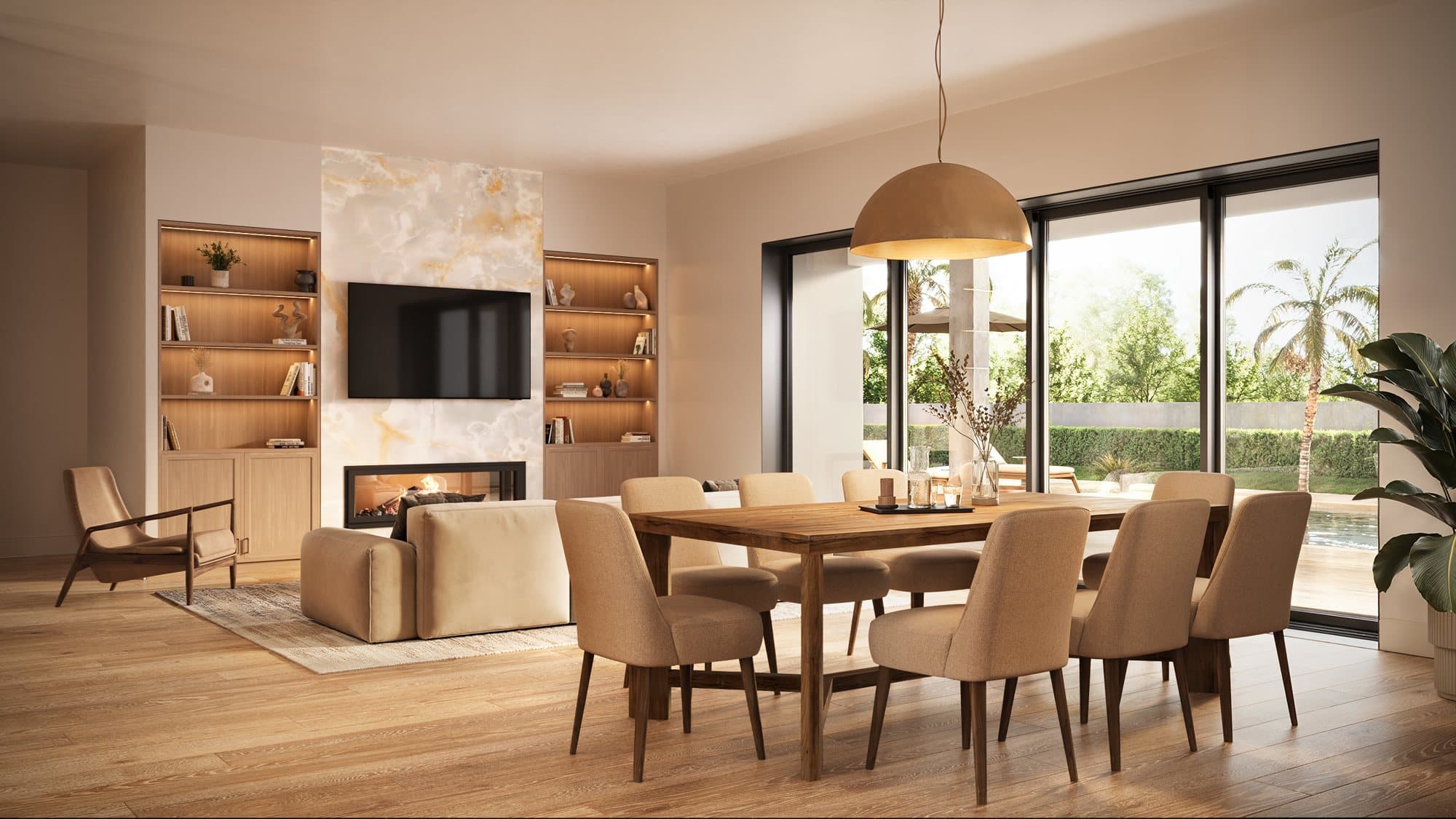Aspire living and dining rendering — stone fireplace, gathering table, sliders open to the pool