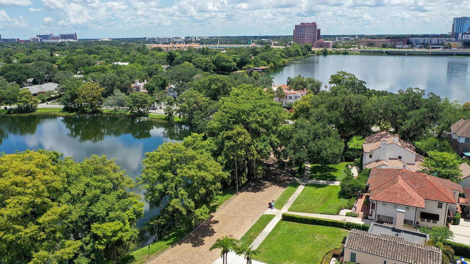 College Park from above — homes and gardens between the neighborhood's lakes