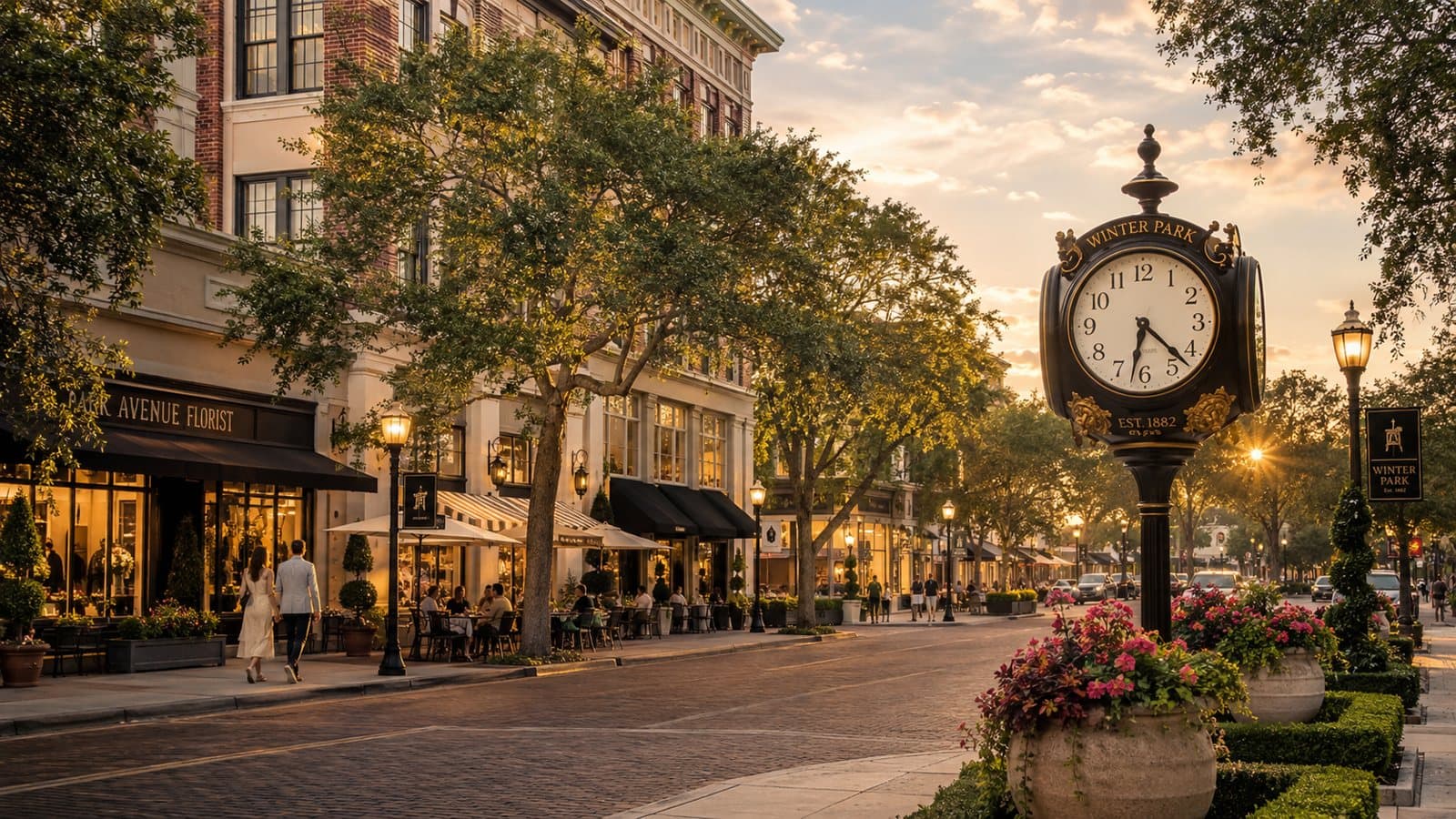 Evening on Park Avenue, Winter Park — the clock, the cafés, the brick