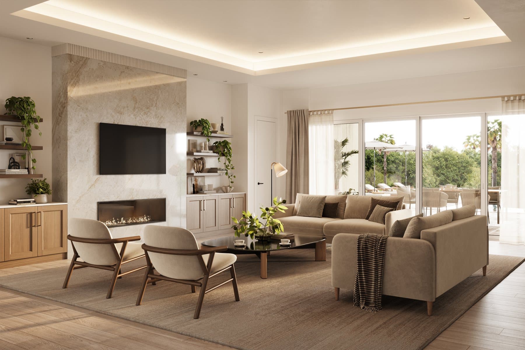 Great room — slab fireplace wall, sliders to the covered outdoor living